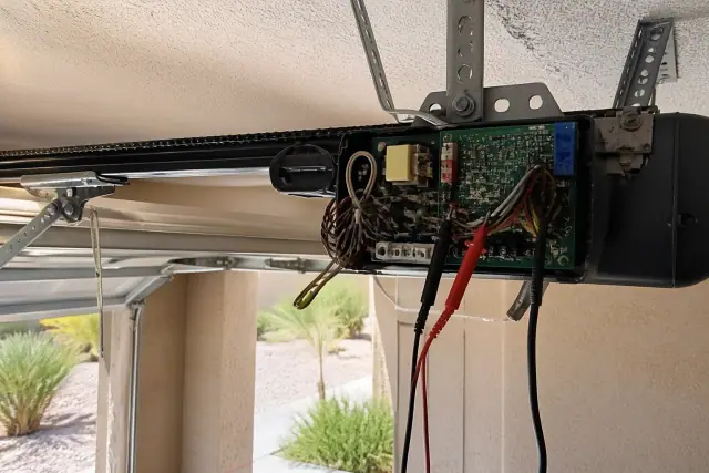 Technician performing a circuit board diagnostic on an open garage door opener motor in Phoenix, AZ.