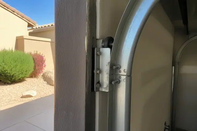 Loose track bracket with a gap from a steel door jamb at a job site in Phoenix, AZ.