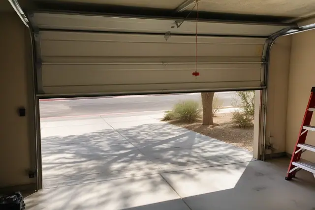 Manual-release garage door balance test on a stucco wall at a jobsite in Phoenix, AZ.