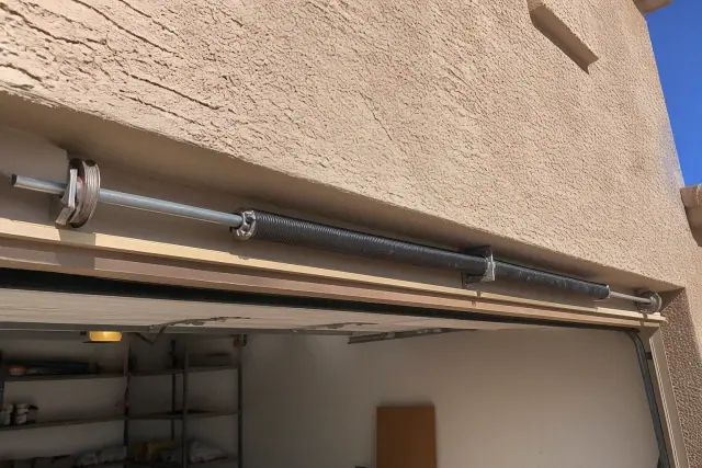 Torsion springs and cable drums installed on a metal shaft above a garage door in Phoenix, AZ.