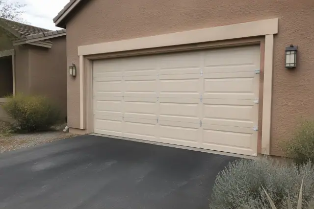 New garage door installed on a home with a desert landscape in Gilbert, AZ.