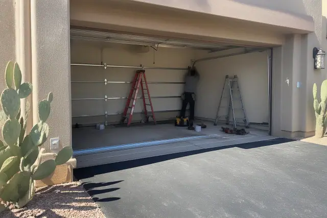 Garage door mid-installation with tools on an asphalt driveway at a desert home in Scottsdale, AZ.