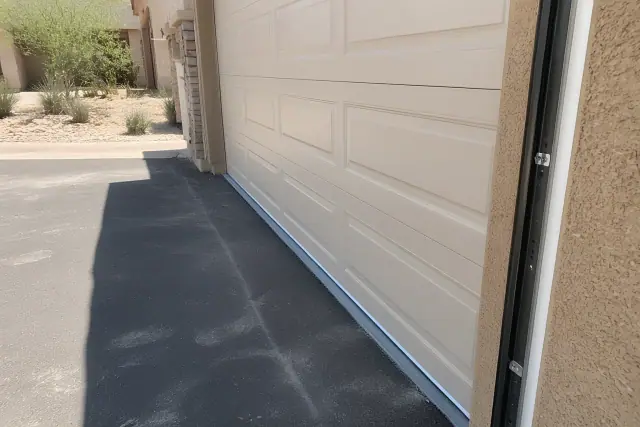 A new garage door installed on a home driveway with desert landscaping in Surprise, AZ.