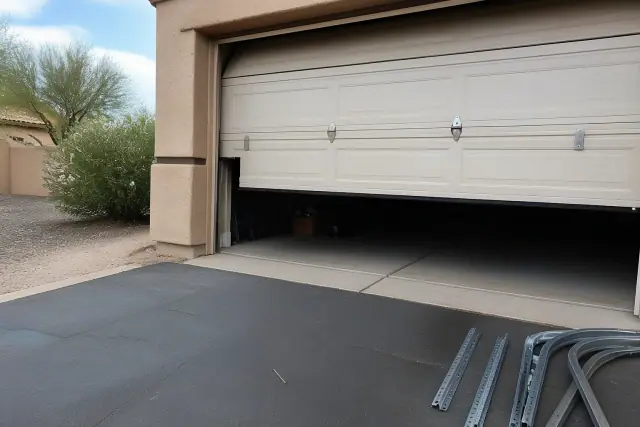 Garage door installation in progress with partially lifted panels on a residential driveway in Tempe, AZ.