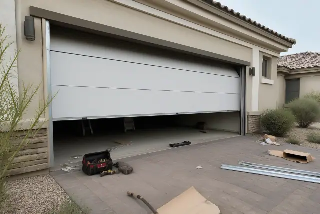 Technician installing a new garage door on an asphalt driveway at a desert home in Phoenix, AZ.