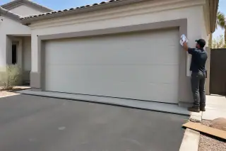 Technician cleaning the trim of a new garage door at a home in Phoenix, AZ.