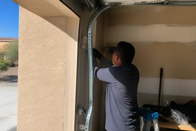 Technician using tools to fix a misaligned garage door track at a worksite in Phoenix, AZ.