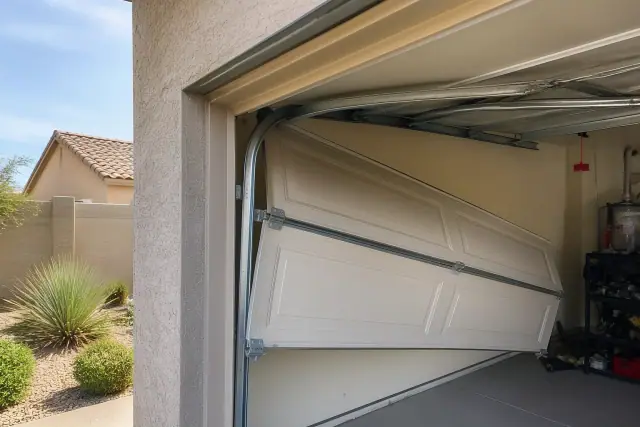 Garage door segment hanging off the metal guide tracks at a residential home in Tempe, AZ.