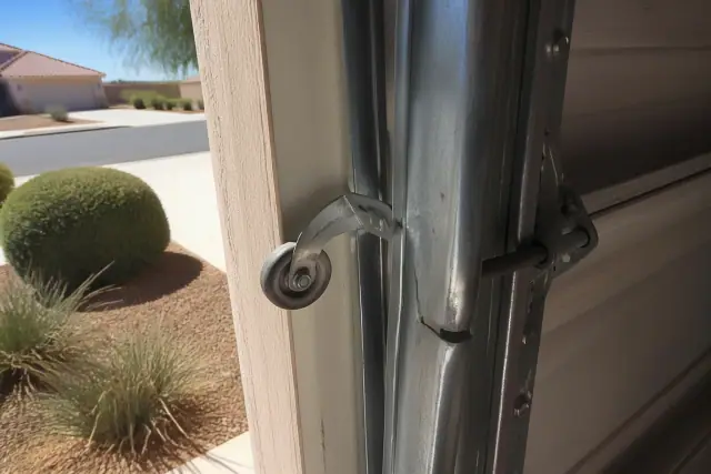 A loose garage door roller and bent metal track on a residential home in Surprise, AZ.