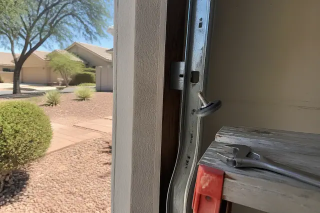 Repairing an off-track garage door with a detached roller on a home in Mesa, AZ.