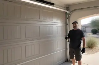 Technician holding lubricant spray near a repaired garage door track in a Phoenix, AZ home.