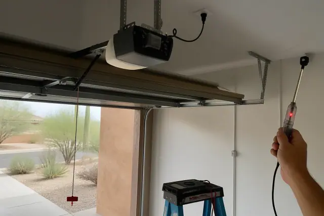 Technician testing a garage door safety sensor with a multimeter on a ladder at a home in Phoenix, AZ.