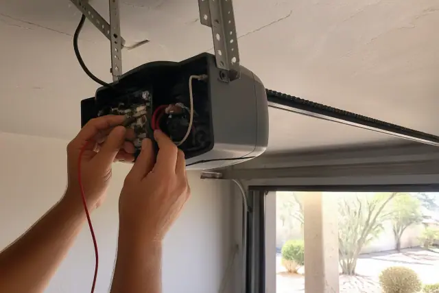 Technician testing a garage door opener motor with a multimeter in a garage in Phoenix, AZ.