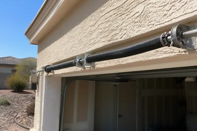 New garage door torsion springs installed on a metal shaft above a doorway in Phoenix, AZ.