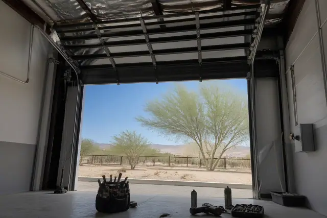 Commercial garage door maintenance with tools and lubricant on a track system in a Phoenix, AZ warehouse.