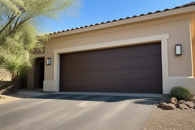 A new residential garage door installed on a home with desert landscaping in Phoenix, AZ.