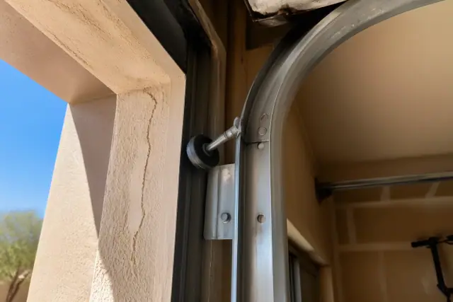 A garage door roller disengaged from a bent metal track at a home in Phoenix, AZ.