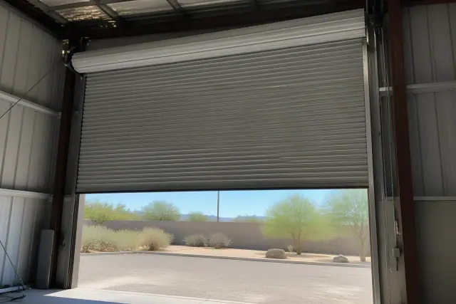 Newly installed rolling steel door on a commercial warehouse track system in Phoenix, AZ.