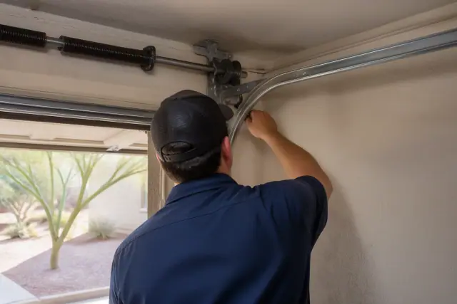 Technician inspecting garage door hardware and tracks at a home in Phoenix, AZ.