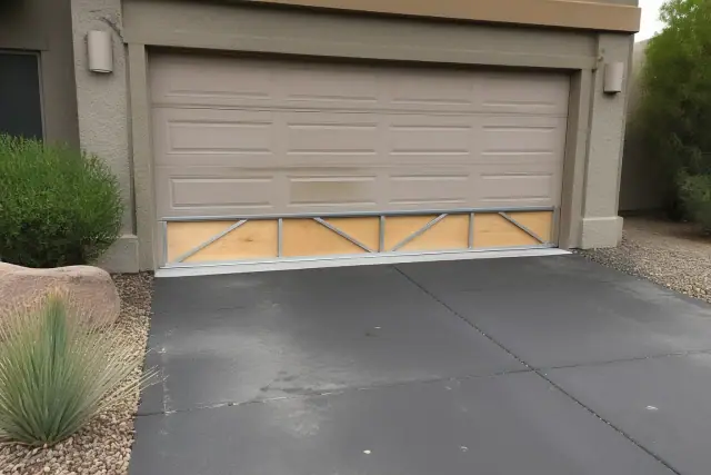 Garage door replacement with a new partially painted panel on a house in Phoenix, AZ.