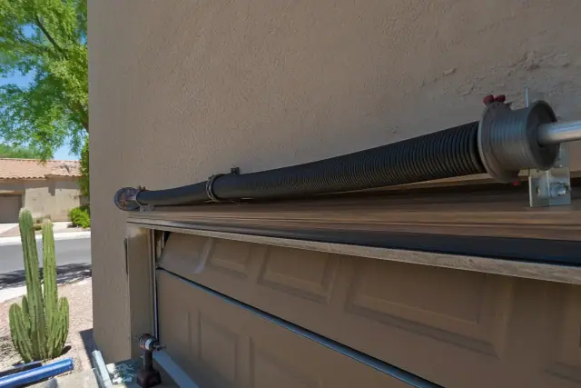 Garage door torsion springs and cable drums installed above a doorway at a home in Phoenix, AZ.