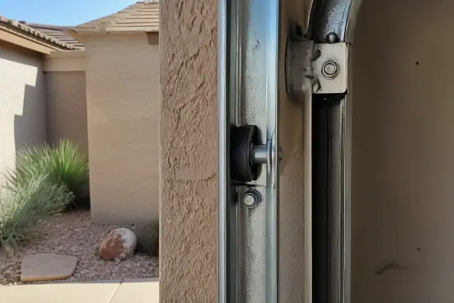 Sealed nylon garage door rollers installed in metal tracks on a stucco home in Phoenix, AZ.