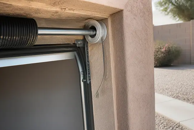 Snapped cable dangling from a metal drum on a spring assembly above a garage door in Phoenix, AZ.