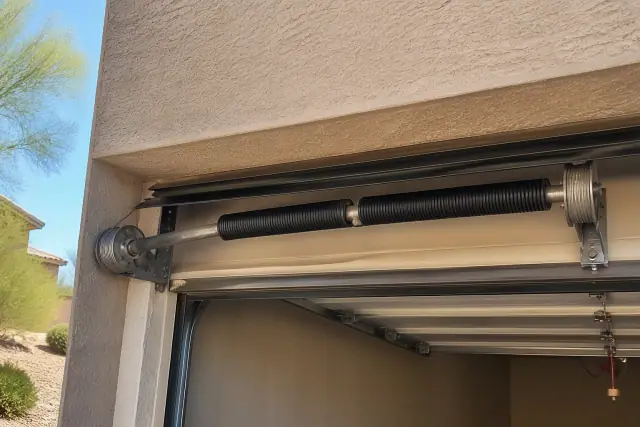 Torsion springs and cable drums on a garage door shaft at a home in Phoenix, AZ.
