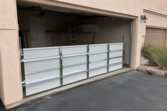 Standard steel garage door panels being installed on a residential driveway in Phoenix, AZ.