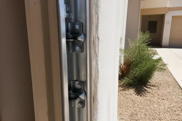 Steel ball-bearing garage door rollers installed in a vertical metal track at a home in Phoenix, AZ.