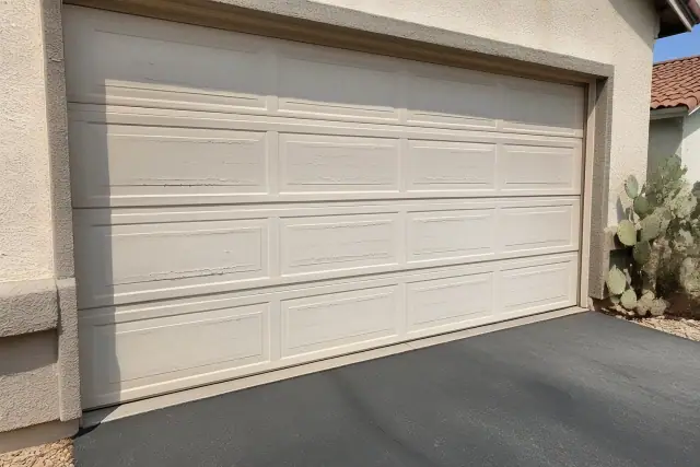 Sun-faded, warped, and cracked garage door panels on a residential driveway in Phoenix, AZ.