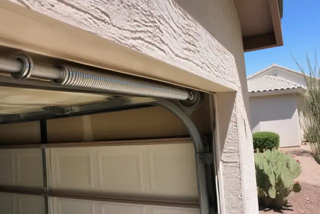 New galvanized torsion spring installed on a garage door shaft in Phoenix, AZ, with visible cable drums.