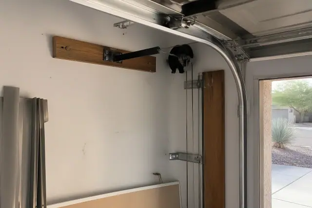Torsion and extension cable paths on a garage door assembly in a Phoenix, AZ workspace.