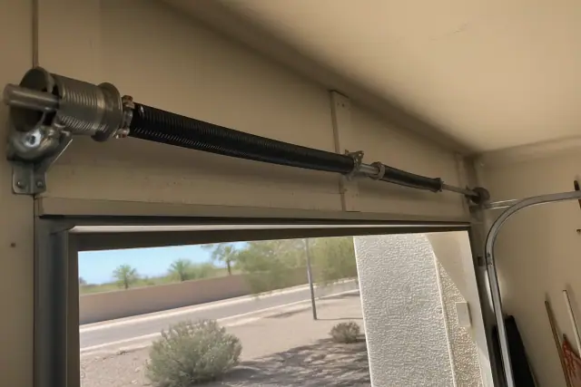 New torsion springs and cable drums installed on a garage door shaft in Phoenix, AZ.