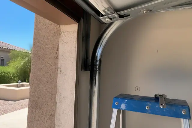 Garage door roller tracks with metal lubricant and tools on a stucco wall in Phoenix, AZ.