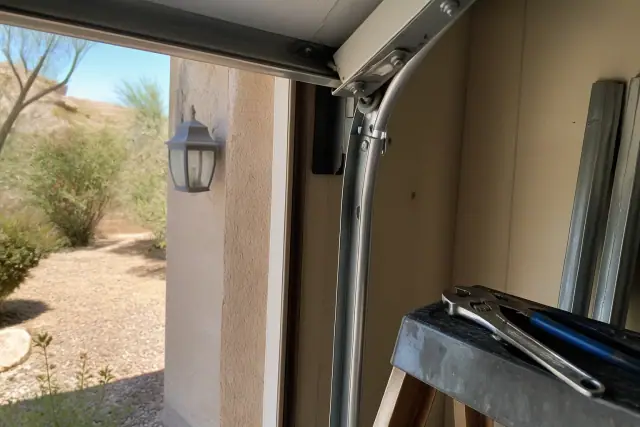 Garage door track repair in progress at a Phoenix, AZ home, showing track hardware, rollers, and tools on a nearby ladder.