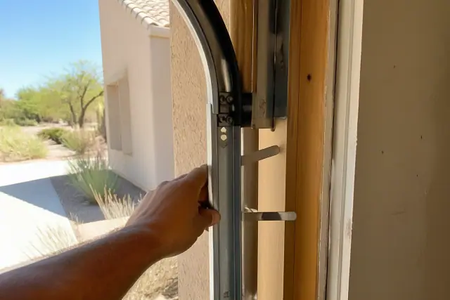 Technician adjusting garage door metal guide tracks and alignment in Phoenix, AZ.