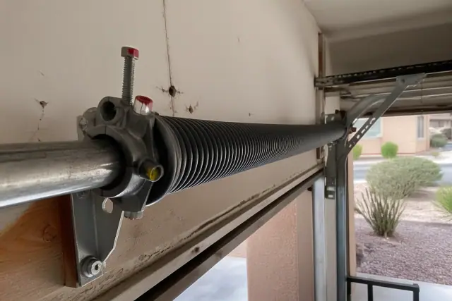 Metal garage door torsion spring and tracks assembly on an interior wall in Phoenix, AZ.