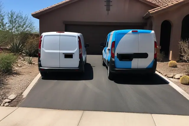 An unmarked van and a branded service vehicle parked in a residential driveway in Phoenix, AZ.