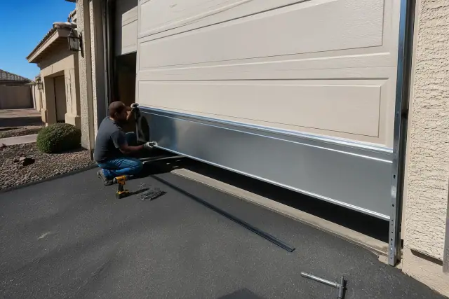 Contractor installing a new metal garage door panel in a residential driveway in Phoenix, AZ.
