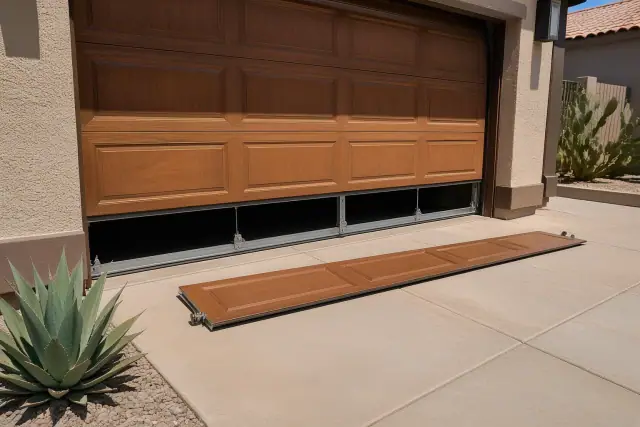 Garage door with a removed bottom panel and a new replacement panel on the driveway in Phoenix, AZ.
