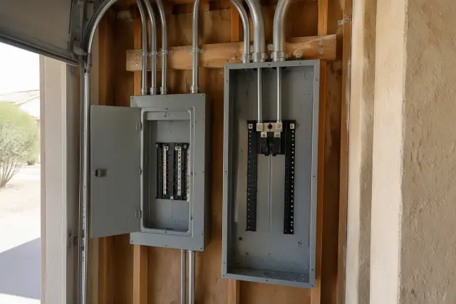 100 Amp and 200 Amp electrical panels during a house rewire in Phoenix, AZ.