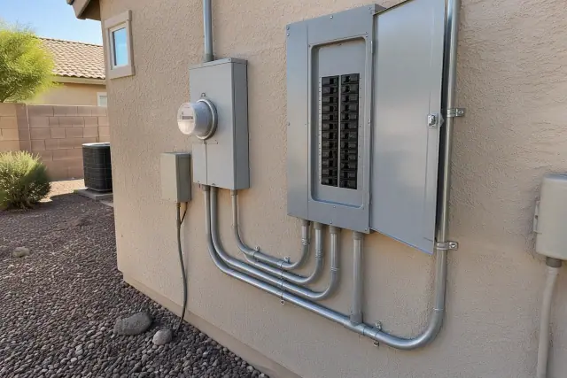 Technician photo of a new 200 amp electrical panel on a stucco wall in Phoenix, AZ.