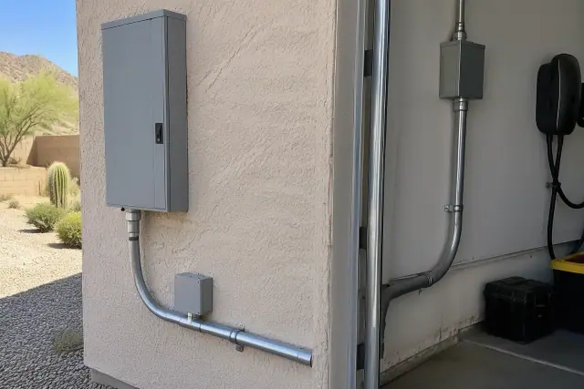 240V heavy-gauge conduit for dedicated circuit installation on a home exterior in Phoenix, AZ.