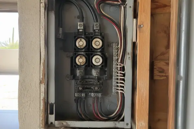 Open 60-amp electrical fuse box with old switches and wires in a Phoenix, AZ home.