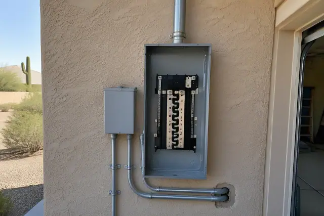 Accessible 200-amp electrical panel on a desert stucco garage wall in Phoenix, AZ.
