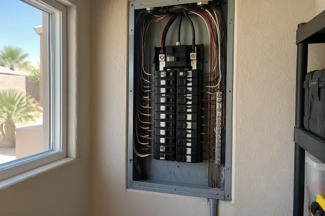AFCI breaker upgrade in a Phoenix, AZ residential utility room with neat wiring.