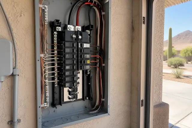 Technician photo of a new arc-fault circuit breaker wired inside an open panel in a Phoenix, AZ garage.