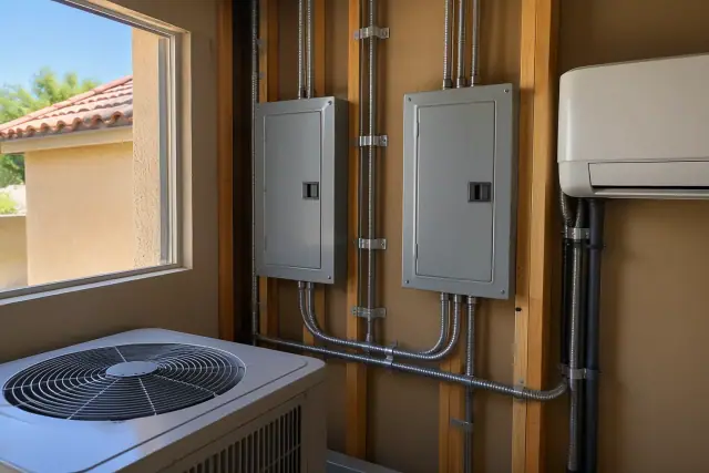 Armored electrical conduit for mini-split installation in a Phoenix, AZ utility room.