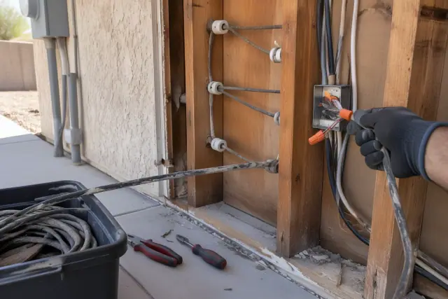 Contractor updating old wiring near a stucco wall of a Phoenix, AZ home.